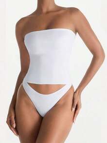Camiseta sin tirantes sexy básica, top tubo blanco elástico de unicolor y ajustado a la moda, adecuado para todas las estaciones y uso casual en verano - Blanco - Ver 6