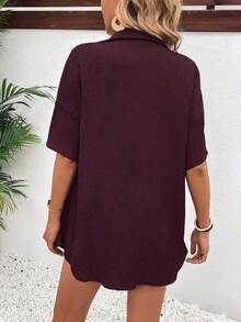 Conjunto de 2 piezas con blusa de manga corta de cuello de botones y shorts con lazo delantero, sencillo, para mujer - Rojo violeta - Ver 2