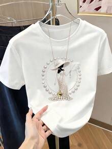 Women's Short-Sleeved Printed T-Shirt, Spring Clothing, Holiday Outfit, White For Summer, Beach Look, Vacation Style, Country Style, Women's Office Outfit. - 白色 - 查看 1