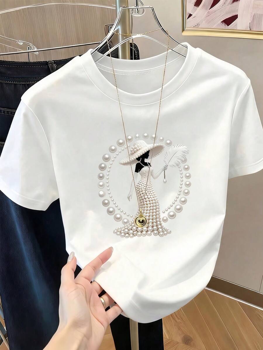 Women's Short-Sleeved Printed T-Shirt, Spring Clothing, Holiday Outfit, White For Summer, Beach Look, Vacation Style, Country Style, Women's Office Outfit. - 白色 - 查看 1