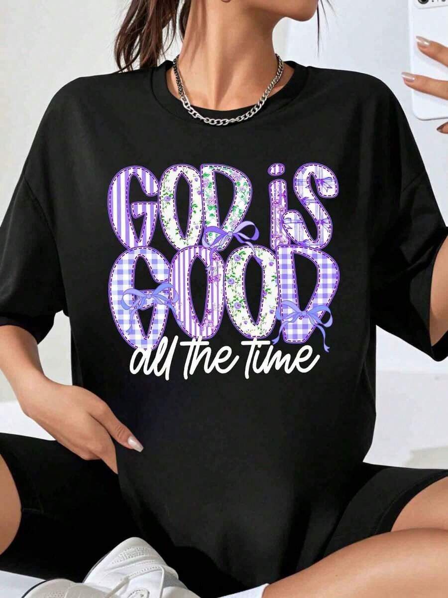 Women's Purple Floral And Plaid Print T-Shirt "God Is Good All The Time", Casual Oversized Style, Ideal For Everyday Wear And Faith-Inspired Outfits, Suitable For Spring, Summer And Autumn. - 黑色 - 查看 1