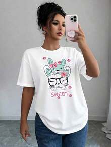 Camisetas de manga corta de talla grande para mujer para el verano, tops básicos de uso diario, "Camiseta estampada con diseño de conejito dulce de mamá".|   Tops casuales de manga corta y cuello redondo para verano y primavera, ropa de mujer transpirable y cómoda. - Blanco - Ver 1