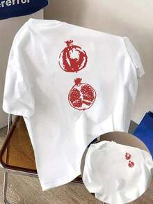 Camisetas de manga corta de talla grande, suaves y transpirables para mujer - Tops casuales de corte holgado para uso diario, camiseta de manga corta con paneles frontales y traseros - Estampado de moda con diseño de granadas y frutas - Camiseta estampada de primavera/verano para mujer, artículo de moda, transpirable y cómoda. - Blanco - Ver 11