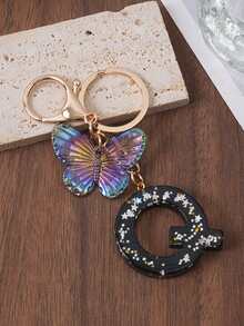 1pc A-Z Black Glitter Letter & Butterfly Keychain, Initial Resin Keyring, Holographic Butterfly Bag Charm, Car Key Accessory, Fashion Aesthetic Gift For Girls - Black - View 19