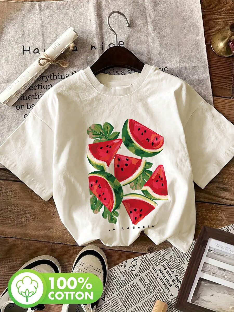 Estilo dibujado a mano, estampado de sandía, elementos de hojas, estampado de texto, cuello redondo, manga corta, camiseta 100% algodón. - Albaricoque - Ver 1