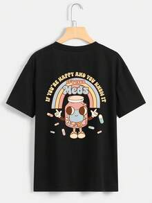 Camiseta con estampado de frasco de pastillas de dibujos animados y patrón de letras deíris, de manga corta y cuello redondo, estilo casual para verano y primavera, talla para mujer. - Negro - Ver 1