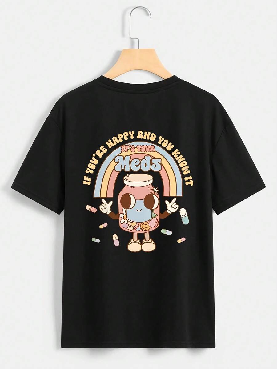 Camiseta con estampado de frasco de pastillas de dibujos animados y patrón de letras deíris, de manga corta y cuello redondo, estilo casual para verano y primavera, talla para mujer. - Negro - Ver 1