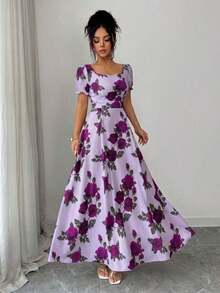 YHHSHEIN Elenzya Vestido midi de manga corta con estampado de rosas rojas sobre base blanca, elegante y versátil para uso diario, vacaciones, citas, San Valentín, estilo francés retro, fiestas y primavera temprana/primavera-veranoYHH - Morado - Ver 6