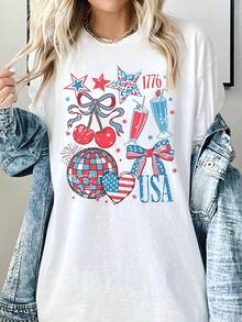 Women's Plus Size Patriotic Vintage Pure Cotton T-Shirt - Cherry And Disco Collar Design With Stars And Stripes From 1776, Short Sleeve Crew Neck Top, Loose And Breathable, Vintage American Style Celebration Outfit For The 4th Of July, Casual Independence Day Wear, American Flag Accessories, Festive Outfit Suitable For All Seasons. QSKM - 白色 - 查看 1