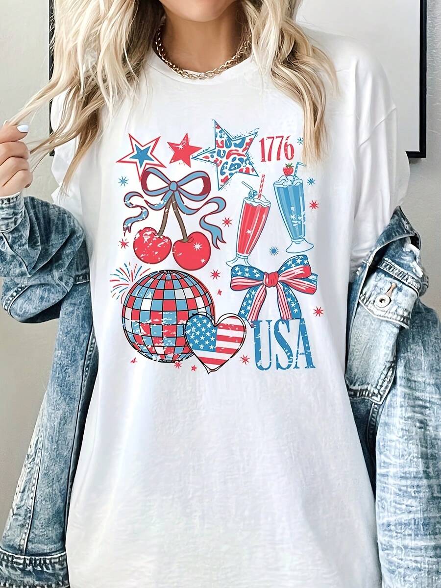 Women's Plus Size Patriotic Vintage Pure Cotton T-Shirt - Cherry And Disco Collar Design With Stars And Stripes From 1776, Short Sleeve Crew Neck Top, Loose And Breathable, Vintage American Style Celebration Outfit For The 4th Of July, Casual Independence Day Wear, American Flag Accessories, Festive Outfit Suitable For All Seasons. QSKM - 白色 - 查看 1