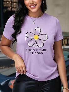 Camiseta oversize morada de verano para mujer con estampado de flor y frase "I Don't Care Thanks" Camiseta casual morada de manga corta con frase divertida, ideal para looks juveniles - YH428-Morado - Ver 1
