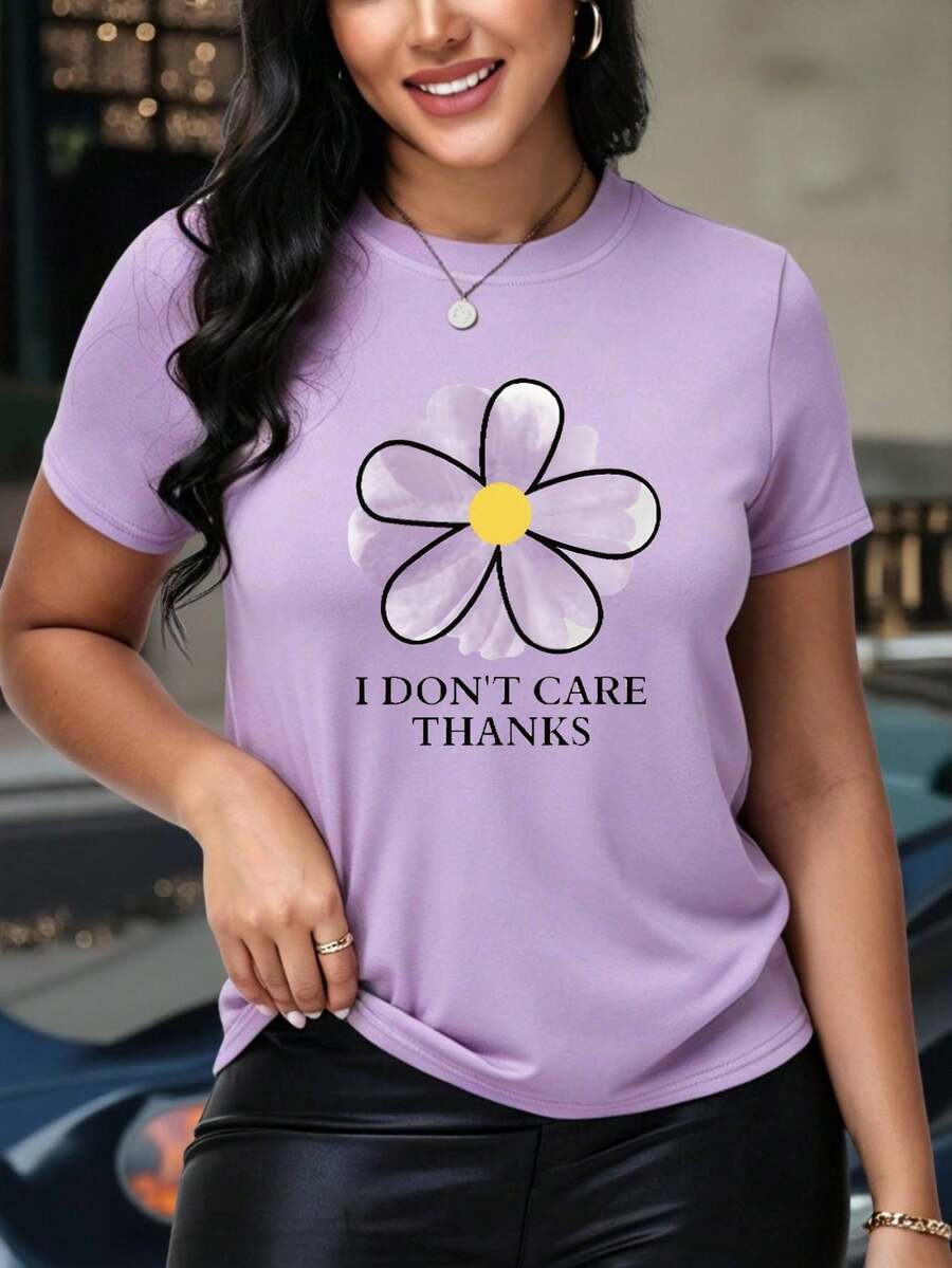 Camiseta oversize morada de verano para mujer con estampado de flor y frase "I Don't Care Thanks" Camiseta casual morada de manga corta con frase divertida, ideal para looks juveniles - YH428-Morado - Ver 1