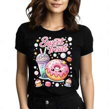 Tops para mujer holgada con estampado gráfico lindo para niñas - Estampado frontal de adorables donuts deé de la tarde y letras, top casual de estilo callejero para la vuelta al cole. - Negro - Ver 10