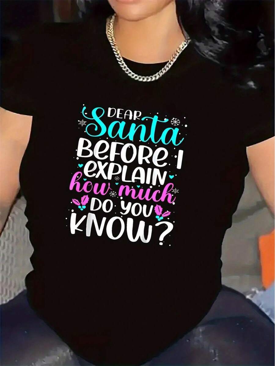 Camiseta de manga corta ligera y duradera, diseñada para uso doméstico, con un festivo estampado temático de Papá Noel, perfecta para celebraciones y reuniones navideñas, que ofrece un ajuste cómodo para uso diario. - Negro - Ver 1