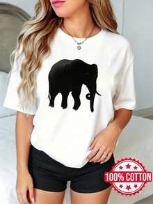 Camiseta de manga corta con cuello redondo y estampado para dama, verano Diseño de Silueta de Elefante S-3XL 100% aodón material transpirable - Blanco - Ver 2