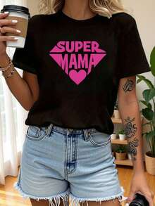Camiseta con estampado de letras Mama, manga corta y cuello redondo, top casual para verano y primavera, ropa de mujer - Negro - Ver 2