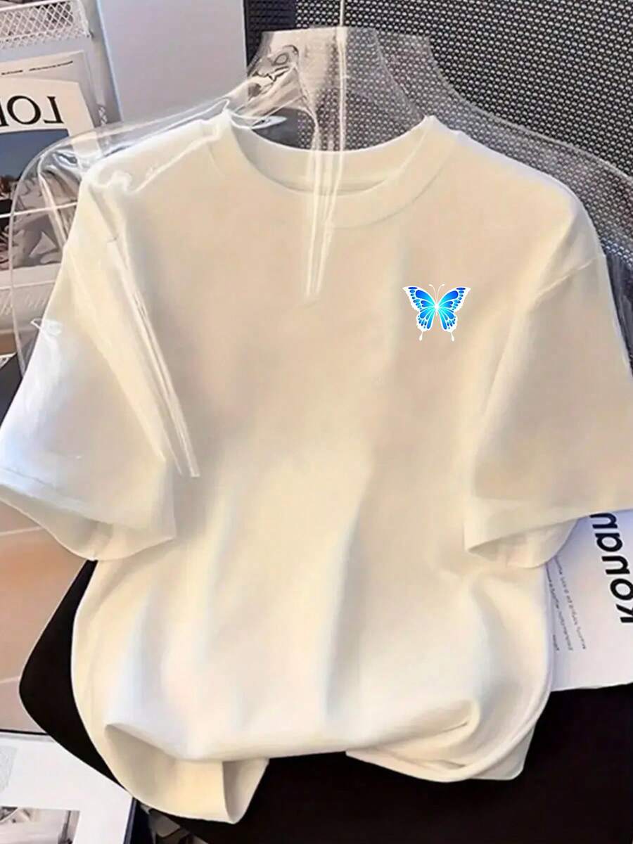 Women's T-Shirt "Summer Fresh Blue Butterfly Print Short Sleeve T-Shirt For Women 2026 Summer New Style Black Base Unique Design Loose Fit Half Sleeve Korean Style Ins Super Popular Oversize Slimming Top Couple's Casual Versatile Hip Hop Tee." - 白色 - 查看 1