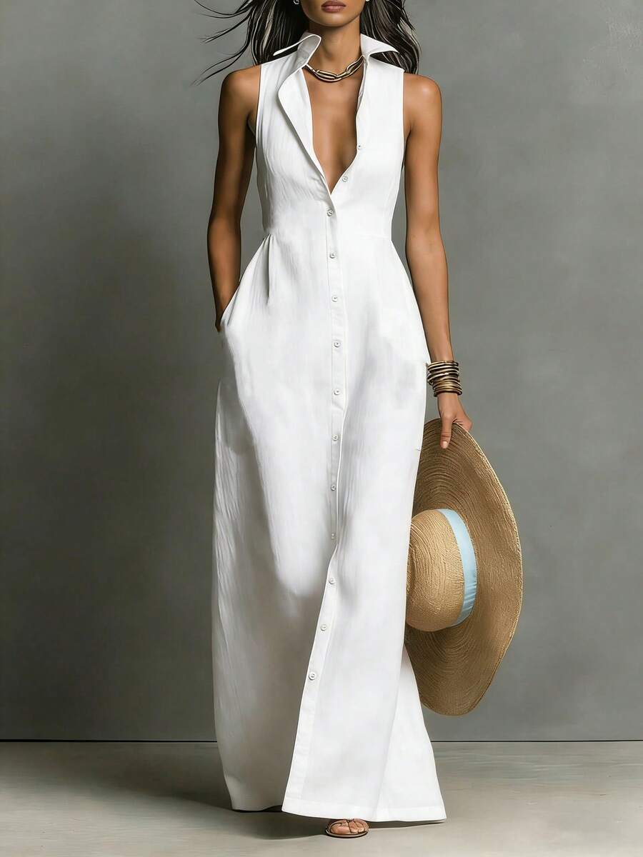 Nuevo 2026 Vestido Midi Mujer Estilo Europeo con Cuello y Botones Sin Mangas Verano - Blanco - Ver 1