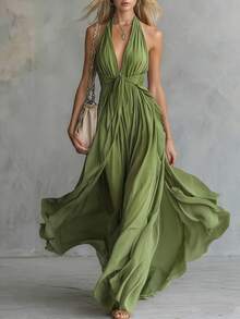 Nuevo 2026 Vestido Ajustado Mujer Color Sólido Cuello en V Sin Mangas Estilo Europeo Americano - Verde - Ver 1