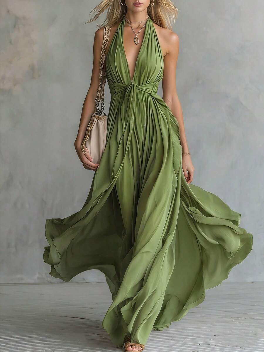 Nuevo 2026 Vestido Ajustado Mujer Color Sólido Cuello en V Sin Mangas Estilo Europeo Americano - Verde - Ver 1