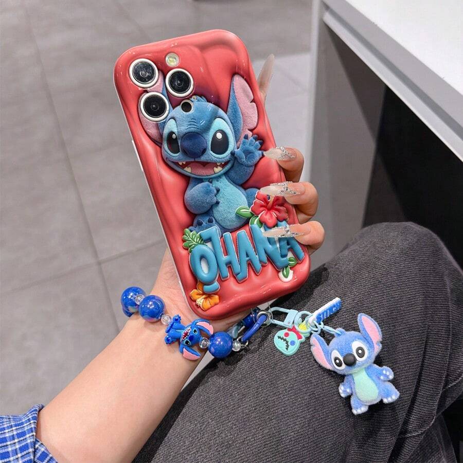 Disney Lilo & Stitch Phone Case With Stitch Charm And Stitch Lanyard - Cute Stitch Protective Case With "Ohana" Lettering And Hibiscus Flower Design, Equipped With Delicate Stitch Decorative Lanyard And Beaded Bracelet For Easy Carrying, Compatible With IPhone 17, 16, 15, 14, 13, 12, 11 Pro Series, Ideal For Birthdays, Holidays, Anniversaries, Graduation Gifts, Or Any Special Occasion To Surprise Family, Friends, Classmates, And Loved Ones. - trắng - Xem 1