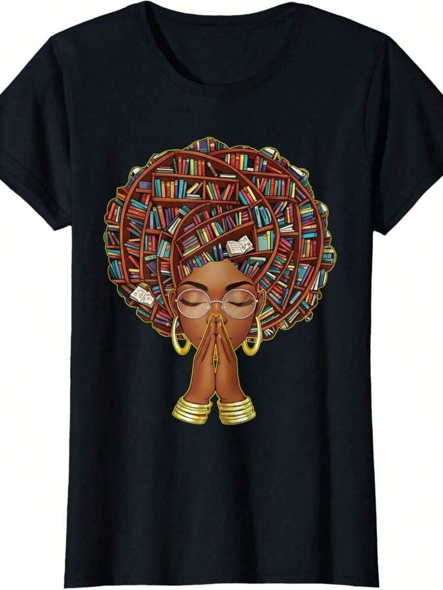 Camiseta para Mujeres y Niñas Amantes de los Libros Afro, Bibliotecas, Dedicada al Mes de la Historia Afroamericana - Negro - Ver 1