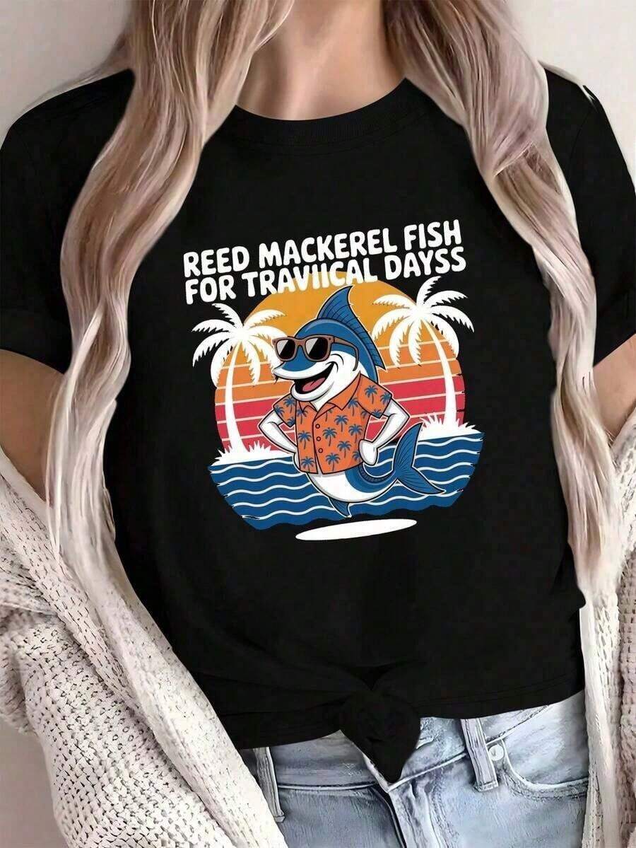 ComfortableCamiseta Ligera de Mujer Blanca con Estampado Vintage de Bacalao - Estilo Camisa Hawaiana de Manga Corta, con Patrones de Tiburón Tropical y Atún, Ropa Casual de Playa, Atuendo pa - Negro - Ver 1