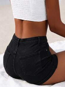 Women's Sexy Distressed Stretch Fitted Straight Leg Denim Shorts, Summer - Black - View 6