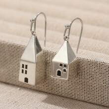 1 Pair Retro Mini House Shaped Earrings For Women, Wave-Style Earring Hook Design, Suitable For Casual Daily Wear - Silver - View 12