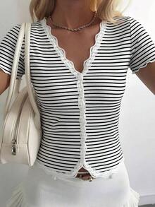 Cárdigan ajustado con volantes de encaje para mujer - Blanco y Negro - Ver 5