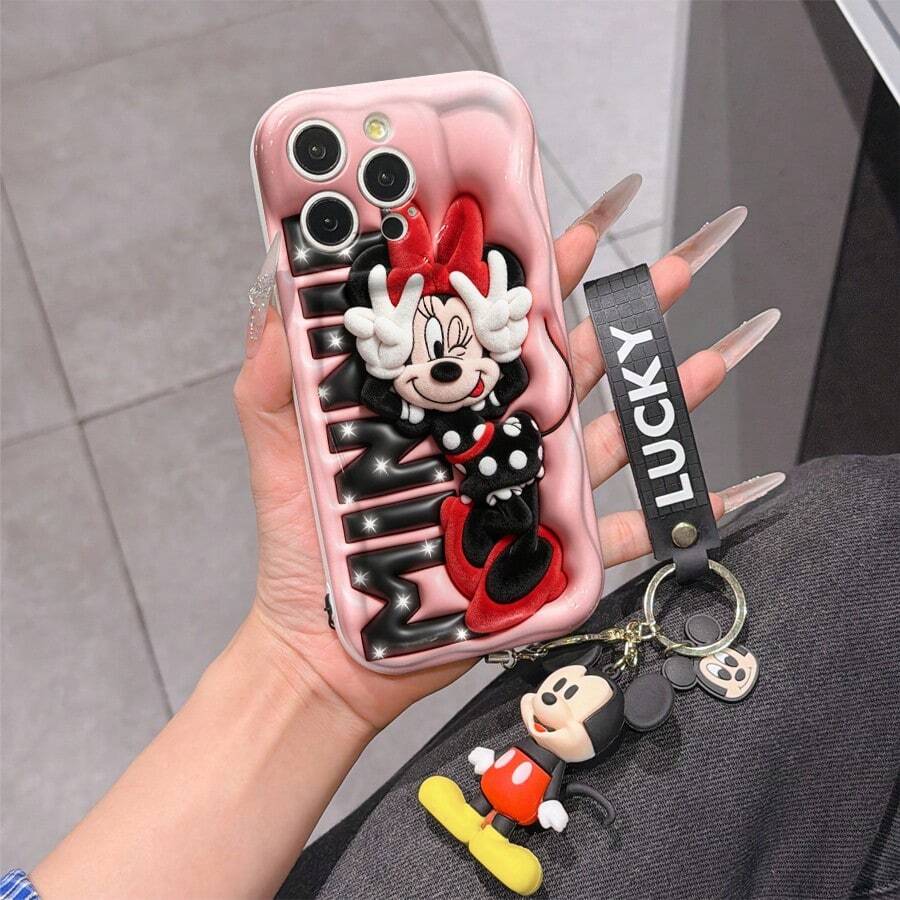 Disney Minnie Mouse Phone Case With Minnie Charm And Minnie Lanyard - Cute Minnie Protective Case With Peace Sign Pose And "MINNIE" Lettering Design, Equipped With Delicate Minnie Decorative Lanyard And Beaded Bracelet For Easy Carrying, Compatible With IPhone 17, 16, 15, 14, 13, 12, 11 Pro Series, Ideal For Birthdays, Holidays, Anniversaries, Graduation Gifts, Or Any Special Occasion To Surprise Family, Friends, Classmates, And Loved Ones. - 白色 - 查看 1