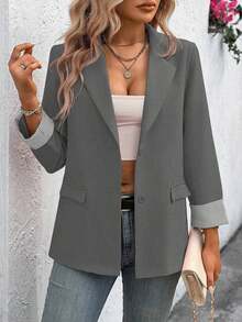 Clasi Chaqueta ligera de estilo casual de negocios para mujer, con cuello de solapa, apta para el lugar de trabajo, de unicolor, para primavera/otoño - Gris Claro - Ver 3