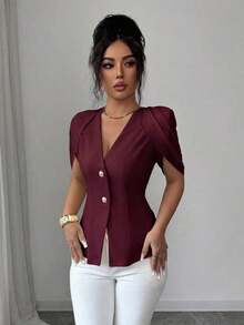 Blazer elegante y romántico para mujer con cuello en V, plisado y cintura ceñida - Burdeos - Ver 5