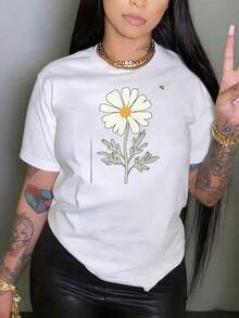 Women's Black Short-Sleeved T-Shirt With Round Neck And Fun Print Featuring A White Daisy Flower Design, Casual Summer Top With Graphic Print, Suitable For Holiday Gifts And Leisure. - 白色 - 查看 6