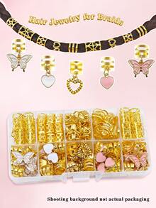 45pcs Romantic Pink & White Heart & Butterfly Hair Rings – Delicate Adjustable Cuffs, Sweet Bohemian Hair Jewelry For Dreadlocks & Braids - Gold - View 3