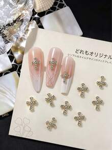 10个全镶钻十字架美甲装饰，金色3D合金美甲钉，极简日式美甲DIY配件，美甲宝石，美甲用品 - 彩色 - 查看 1