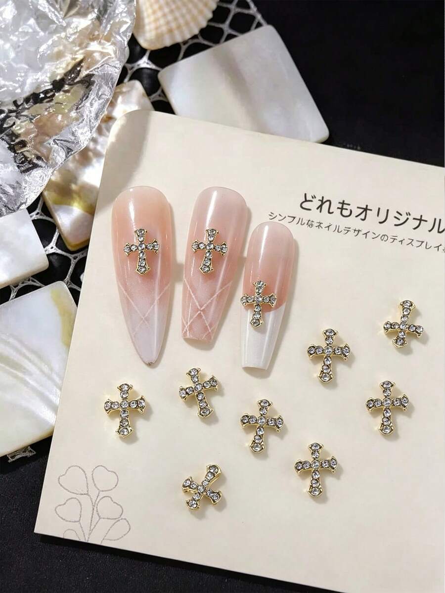 10个全镶钻十字架美甲装饰,金色3D合金美甲钉,极简日式美甲DIY配件,美甲宝石,美甲用品 - 彩色 - 查看 1