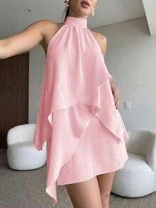 Vestido de satén de línea A con escote halter y espalda descubierta de unicolor amarillo/crema, adecuado para primavera/verano, vacaciones, playa, invitada elegante de boda, fiestas, ocasiones de otoño/invierno, Navidad elegante, Halloween - Rosa coral - Ver 6