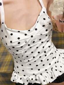 YeonC 女士波点露背吊带背心，荷叶边装饰，休闲校园风短款上衣，浪漫度假风女式吊带背心 - 白色 - 查看 8
