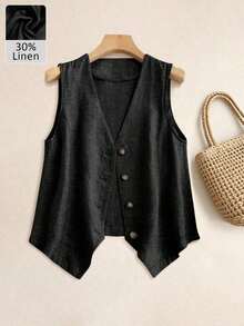 Chaleco de lino casual para mujer, estilo corto para primavera y verano - Negro - Ver 1