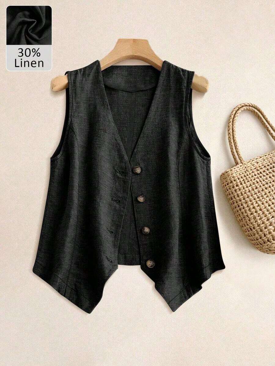 Chaleco de lino casual para mujer, estilo corto para primavera y verano - Negro - Ver 1