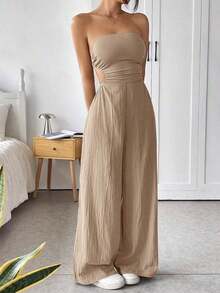 Mono de pierna ancha informal de mujer de talla grande, de algodón, con tirantes finos y espalda descubierta, para verano - Caqui - Ver 4