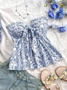 Parte superior de bandeau con volantes, tipo línea A, con lazo en la cintura, para vacaciones informales - Azul y blanco - Ver 3