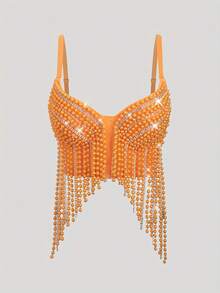 European And American Style Pearl Tassel Fishbone Bustier, Birthday Party Nightclub Dancing Stage Performance Heavy Beaded Rhinestone Vacation Summer - Orange - View 4
