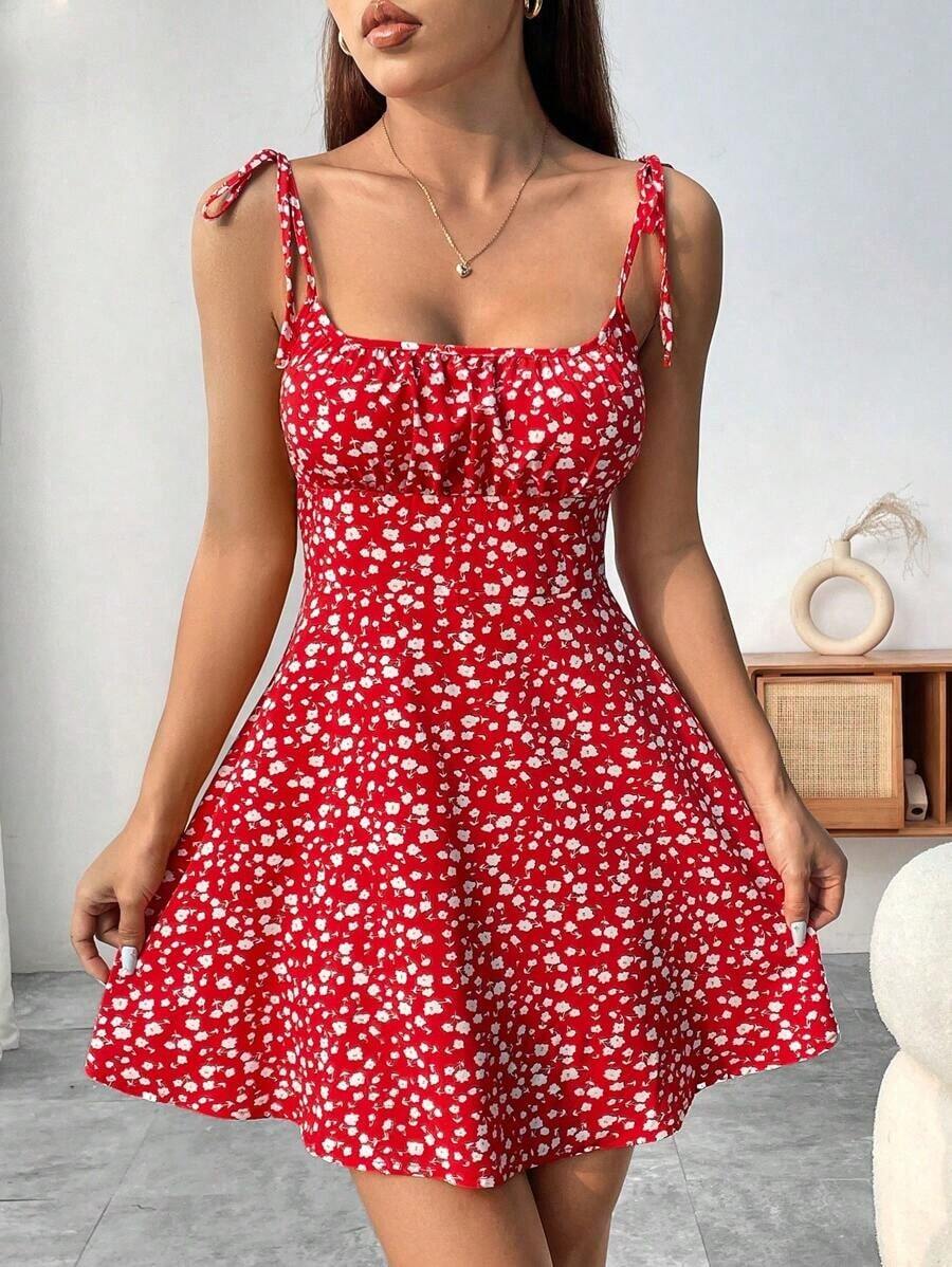 Vestido de tirantes con pliegues en el busto con estampado floral para ropa de Año Nuevo, vestido corto mini para mujeres - Rojo 2 - Ver 1