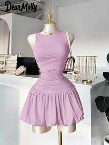 Vestido corto negro de cuello redondo y sin mangas elegante para mujer , adecuado para usar en capas como ropa formal, perfecto para salidas, fiestas y citas en primavera - Púrpura malva - Ver 7