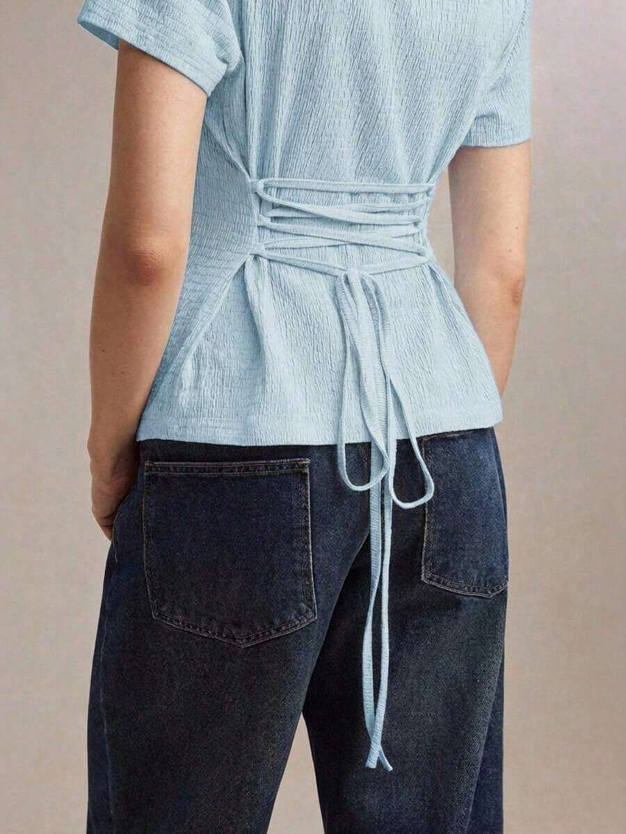 Nueva camiseta de punto texturizada con cuello de barco color café con leche, diseño de lazo ajustable en la cintura, versátil para la oficina, el transporte, los negocios, las ocasiones sociales, estilo Y2K - Azul - Ver 1