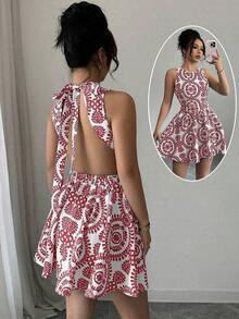 Vestido corto sin espalda para mujer, minimalista y de moda, adecuado para el verano - Rojo - Ver 1
