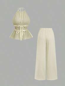 Conjunto de 2 piezas estilo francés relajado con camiseta sin mangas de cintura ceñida y pantalón ancho de pierna holgada, un conjunto de moda para mujeres - Albaricoque - Ver 2