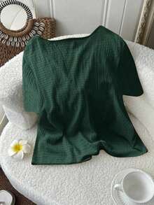 Blusa casual de manga corta con nudo delantero de unicolor para mujer de talla grande - Verde Oscuro - Ver 2